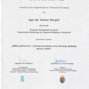 Dyplom za pracę na temat właściwości owsa